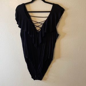 Forever 21 Black Bodysuit with Ruffle Neckline 3X
